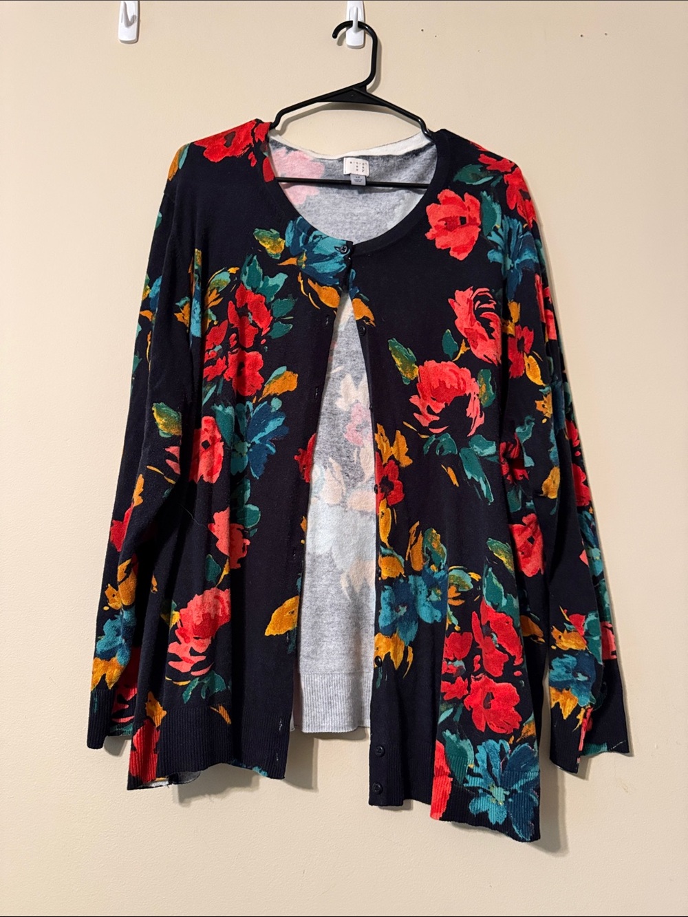 Black Floral Cardigan with Red & Teal Blooms